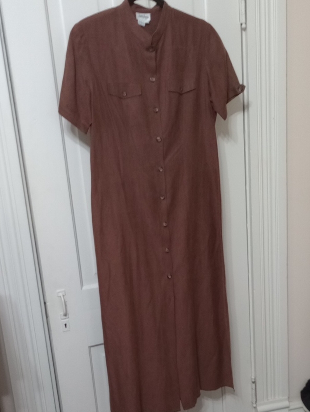 Neiman Marcus Silk/Linen Chocolate Brown Button-Front Maxi Dress